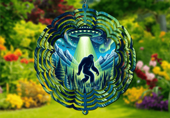 Bigfoot Mountain UFO Wind Spinner PNG: A Dynamic Design Asset